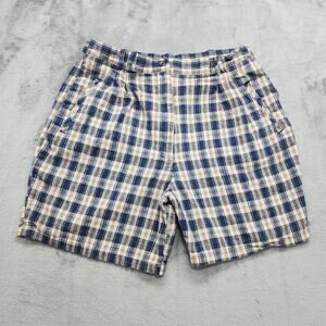 Vintage 90s Basic Editions Shorts Womens 14 Blue Brown Plaid Linen Blend Pleated